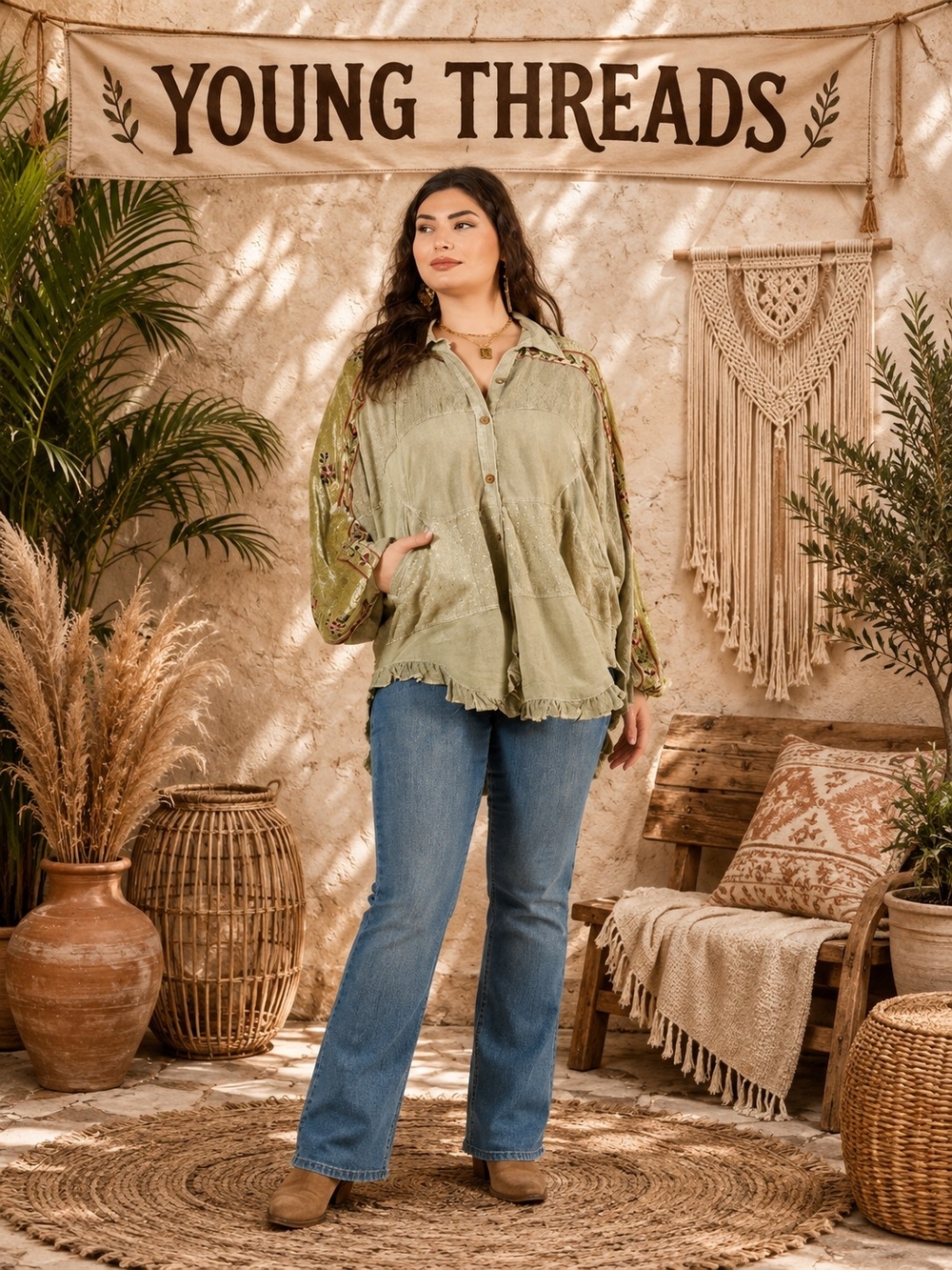 Young Threads Olive Washed Button-Down Shirt with Embroidered Sleeves